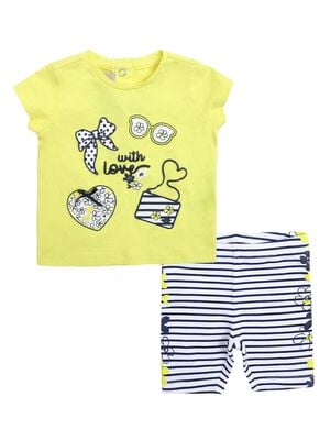 Girls White & Blue Printed T-Shirt with Short Pants